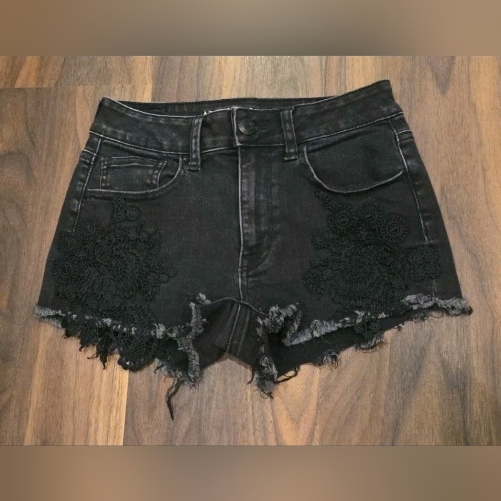 American Eagle Outfitters Black Denim Shorts with Lace Trim Size 2